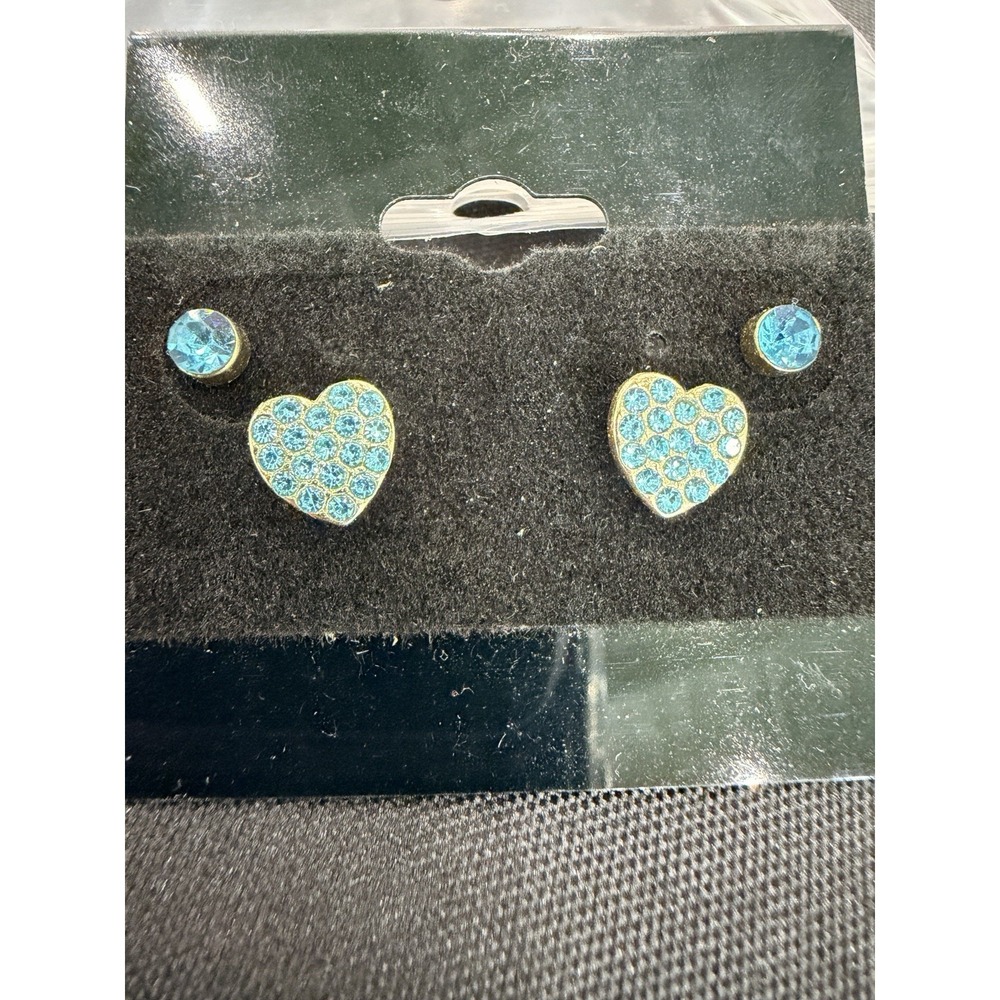 Light Blue Rhinestone Heart Earrings Studs & Blue Studs Lot Of 2 Earrings Set